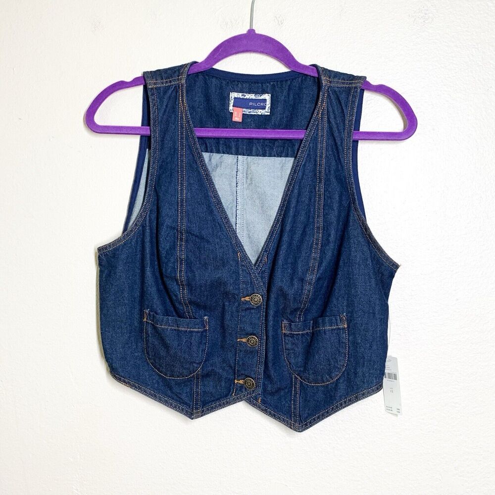 Pilcro Anthropologie Denim Vest Top US 12 Dark Blue Cropped Pockets Cotton NWT